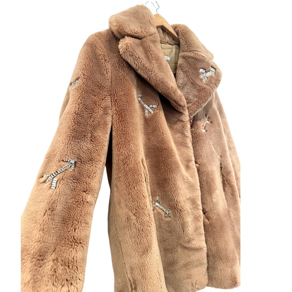 Carven Paris Faux Fur Embellished Arrow Coat Camel Brown Size 38 S/M Luxury - Picture 3 of 13